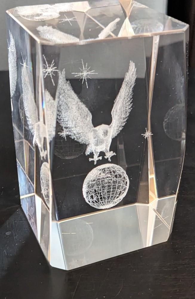 3-D Laser Etched Clear Glass Paperweight American Eagle on the Earth 3