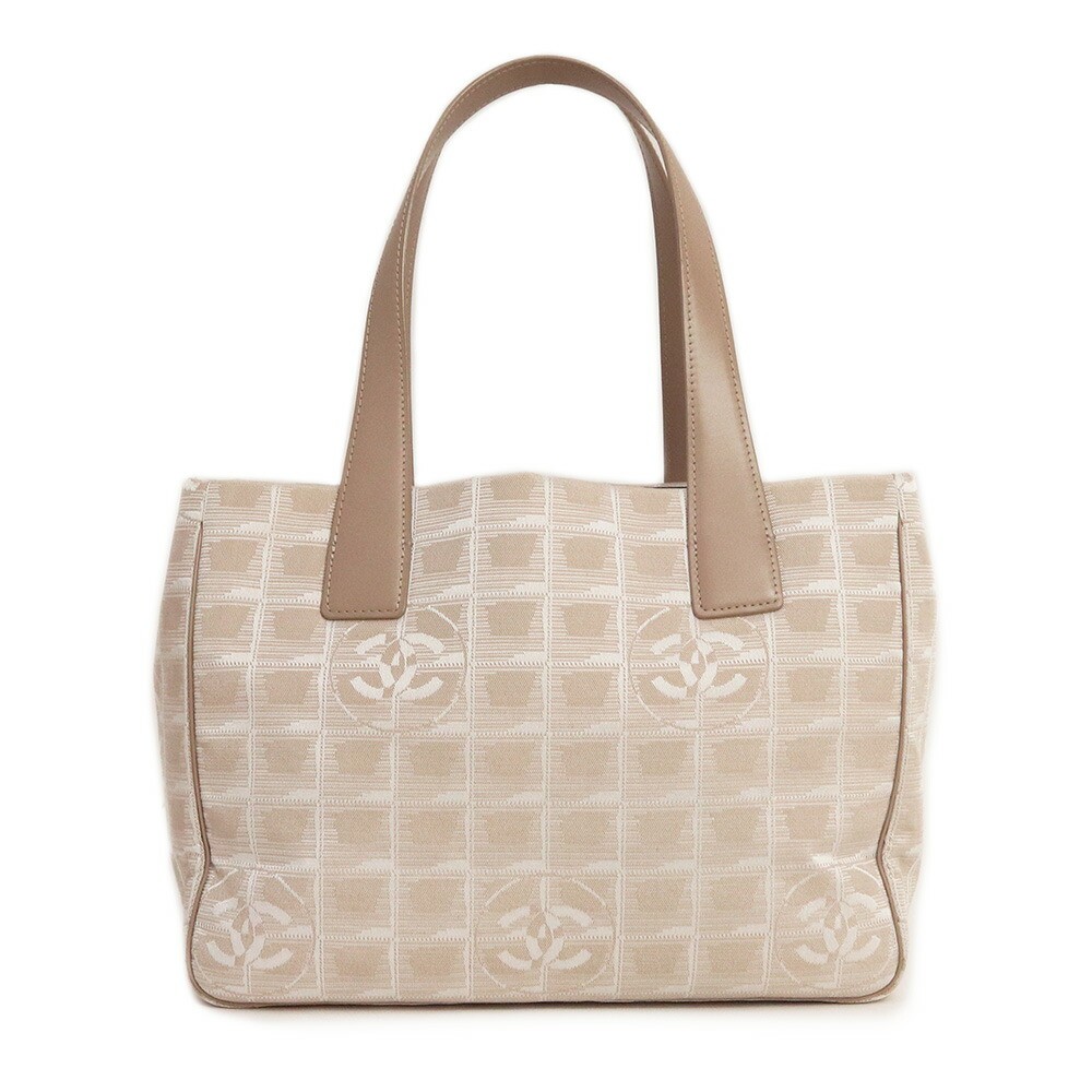 Chanel Travel Line PM Tote Bag Nylon Jacquard Calfskin Beige Used