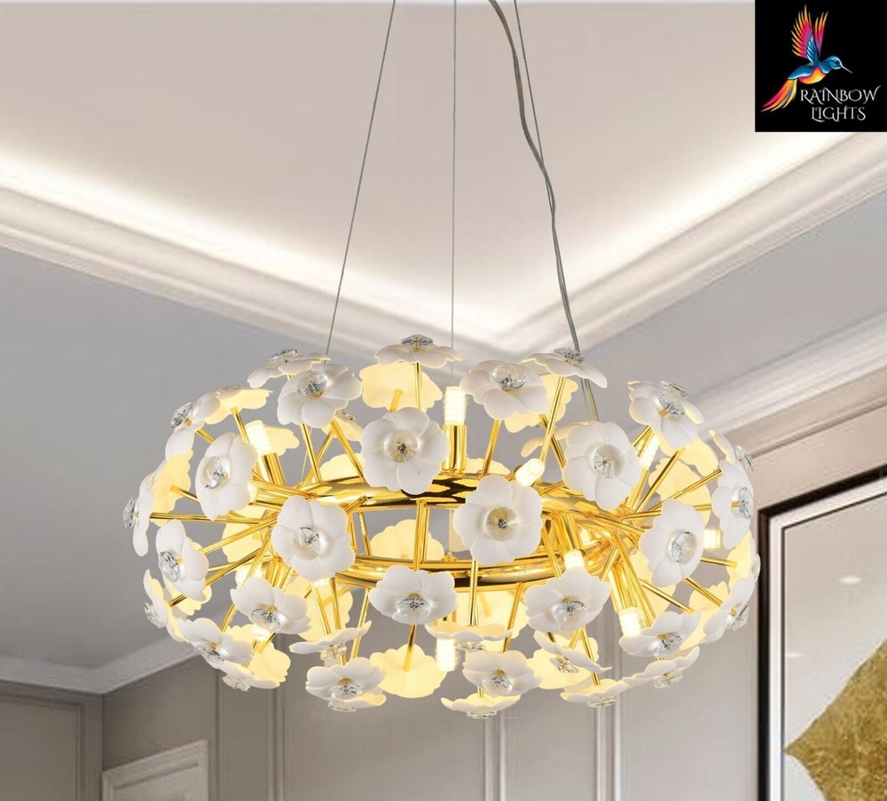 Modern White Ceramic Round Sputnik Chandelier with 8 Lights Flower Design