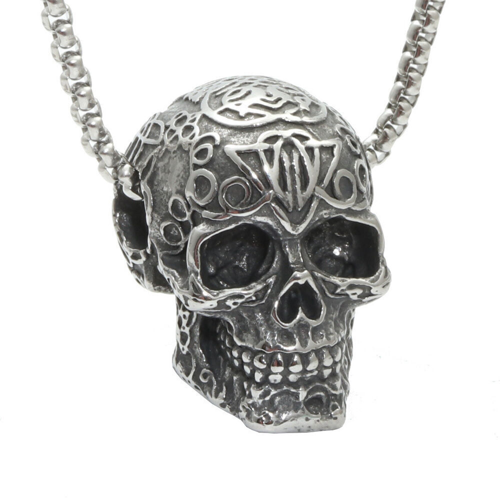 Gothic Mens Biker Skull Pendant Necklace Stainless Steel Rune Sculpture Jewelry