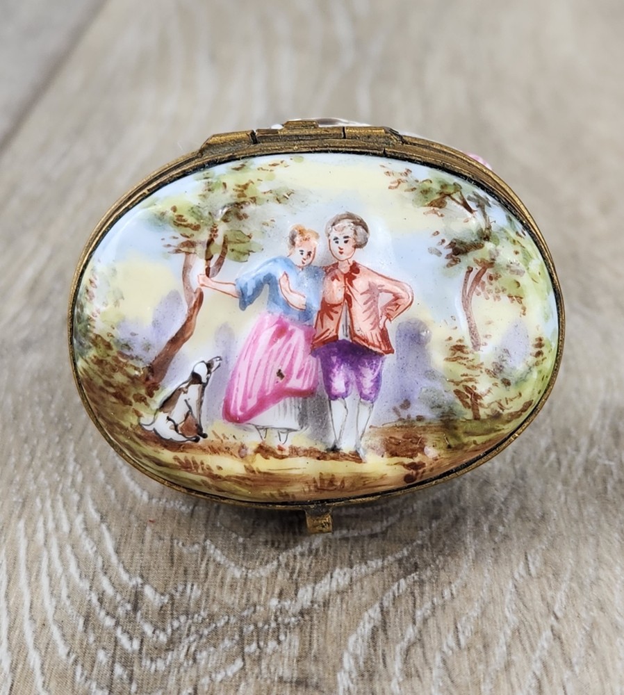 Antique Capodimonte Porcelain Pill Box Italian Hand Painted Trinket Box Couple
