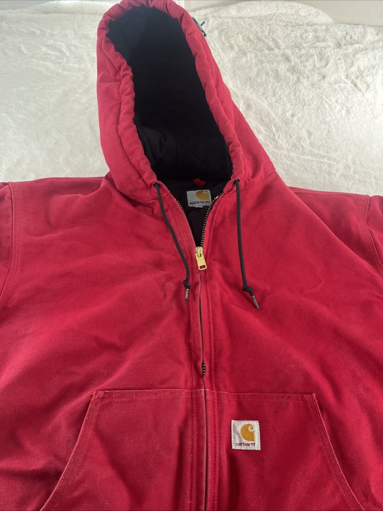 VTG Y2K Carhartt Jacket Mens XL Red Canvas J140 Hooded Zip Up Workwear Regular
