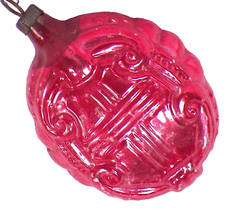 German Christmas Ornament Red Crucifix Scrolls Diamond Oval Mercury Glass #161