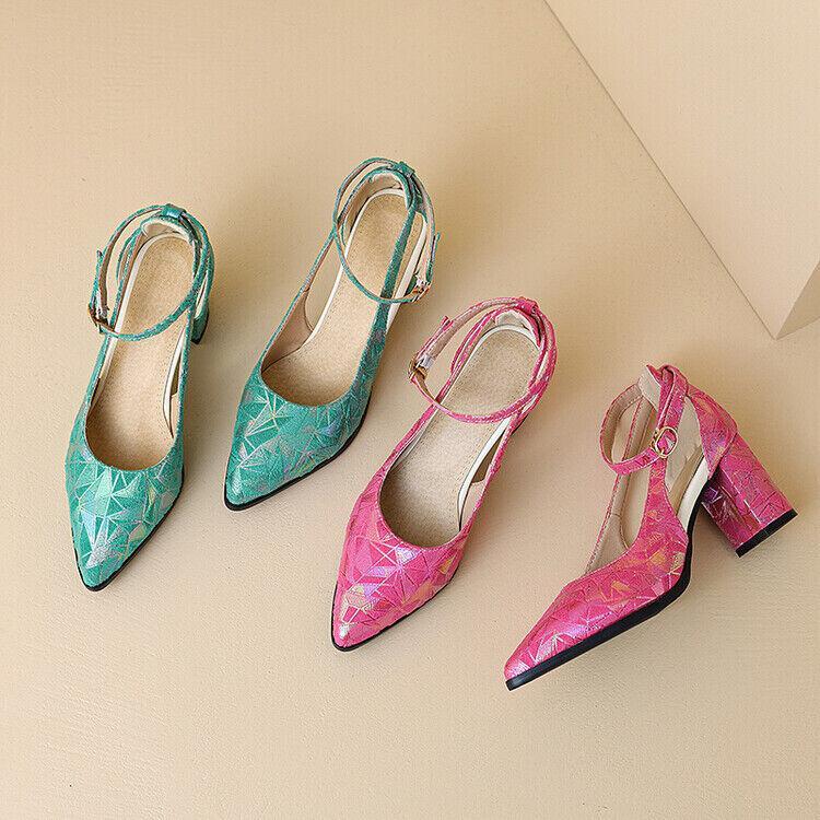 Women's Block High Heel Pointed Toe Ankle Strap Pumps