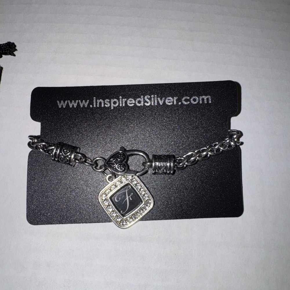 Silver Tone Initial F Charm Rhinestone Bracelet Chain Link New With Bag