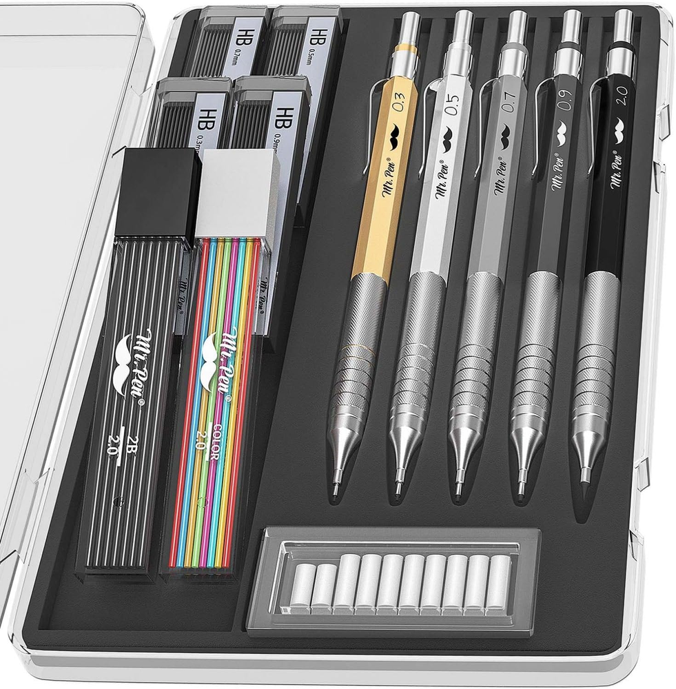 - Metal Mechanical Pencil Set with Leads and Eraser Refills, 5 Sizes - 0.3, 0.5,