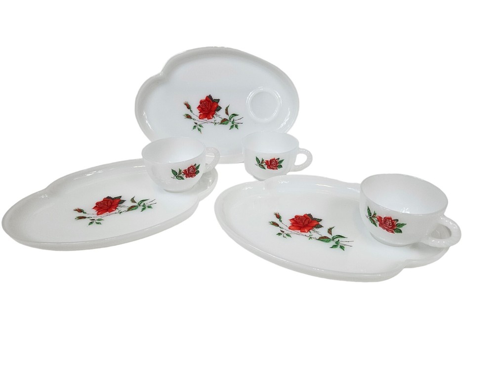 Vintage Federal Milk Glass Rosecrest 6-Piece Snack Tray Set for Tea Party Hostess