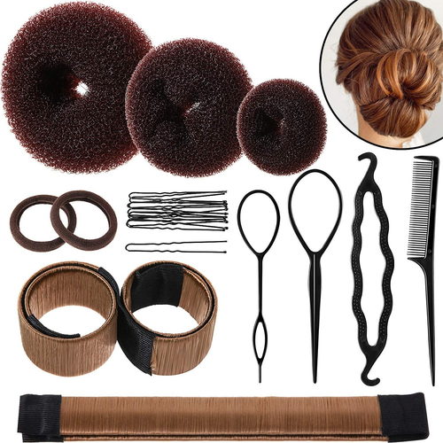 Bun Shaper Set with Donuts, Markers, Ponytail Tools, Bobby Pins, and Brown
