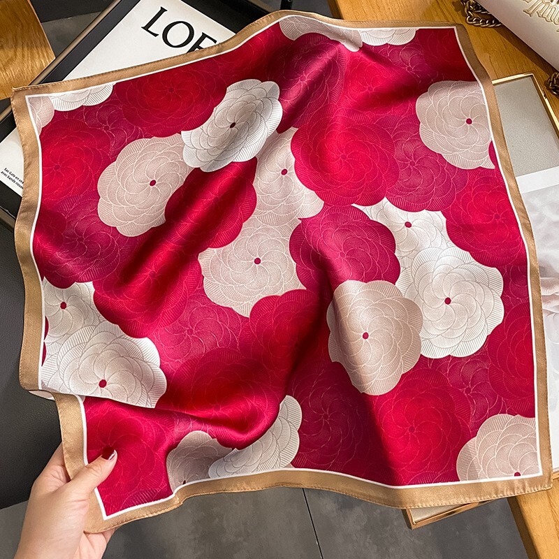 100% Mulberry Silk 20-Inch Floral Square Scarf for Women Red Blooms Wrap