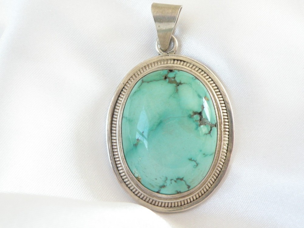 Vintage Sterling Silver 925 Rustic Heavy Large Turquoise Pendant