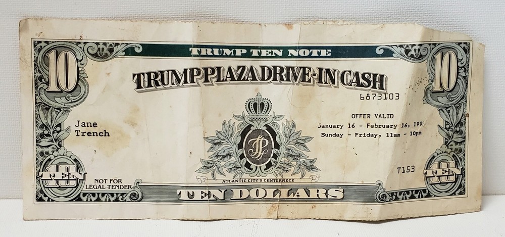TRUMP TEN $10 NOTE Trump Plaza Drive-In Cash 1990? Voucher Paper Ephemera-image