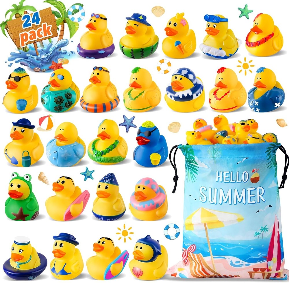 24 Pack Assorted Summer Rubber Ducks with Storage Bag for Beach Jeep Ducking Fun
