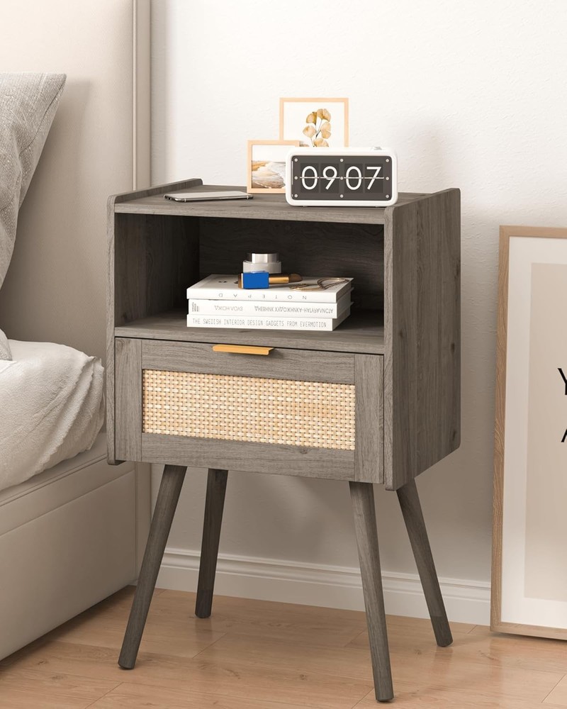 Rattan Nightstand,Modern Bedside Table with Storage Drawer and Open Grey Oak