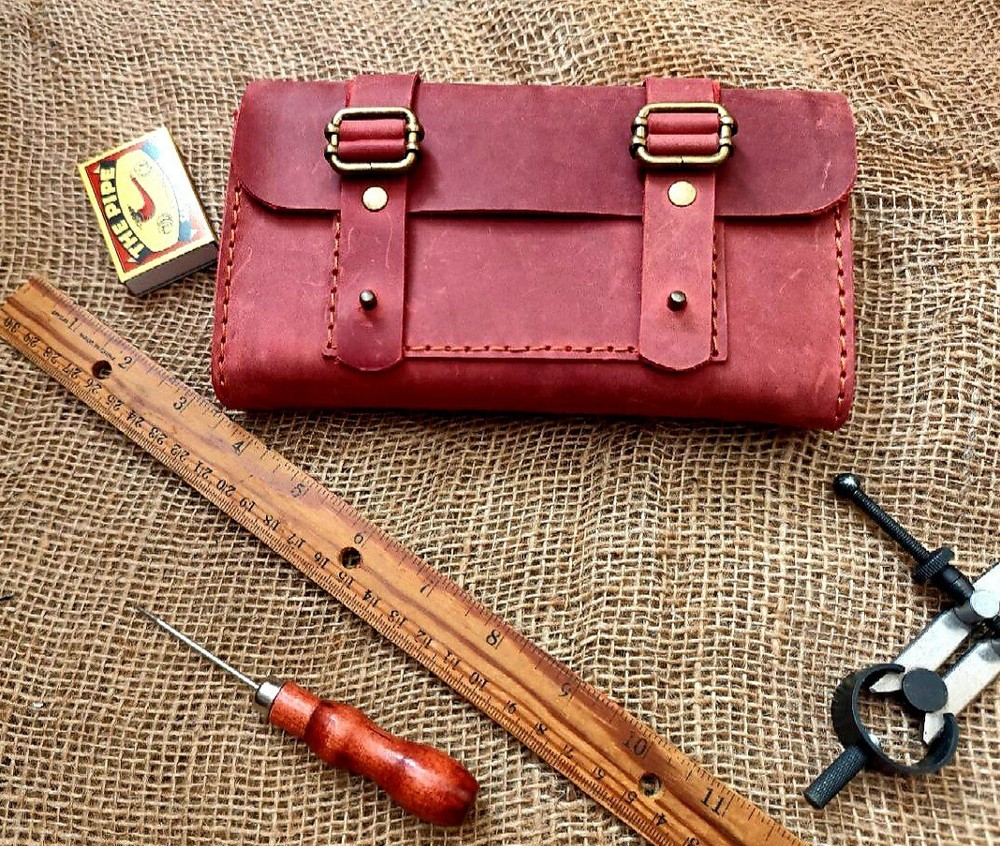 Red leather crossbody phone case with adjustable belt strap  