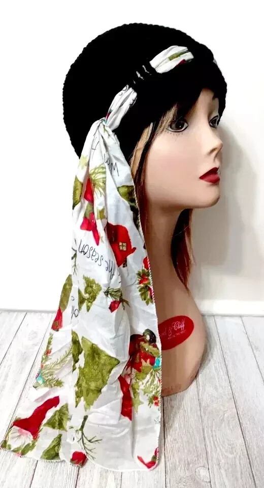 Handmade crochet chemo beanie hat and scarf set with black Christmas gnomes USA