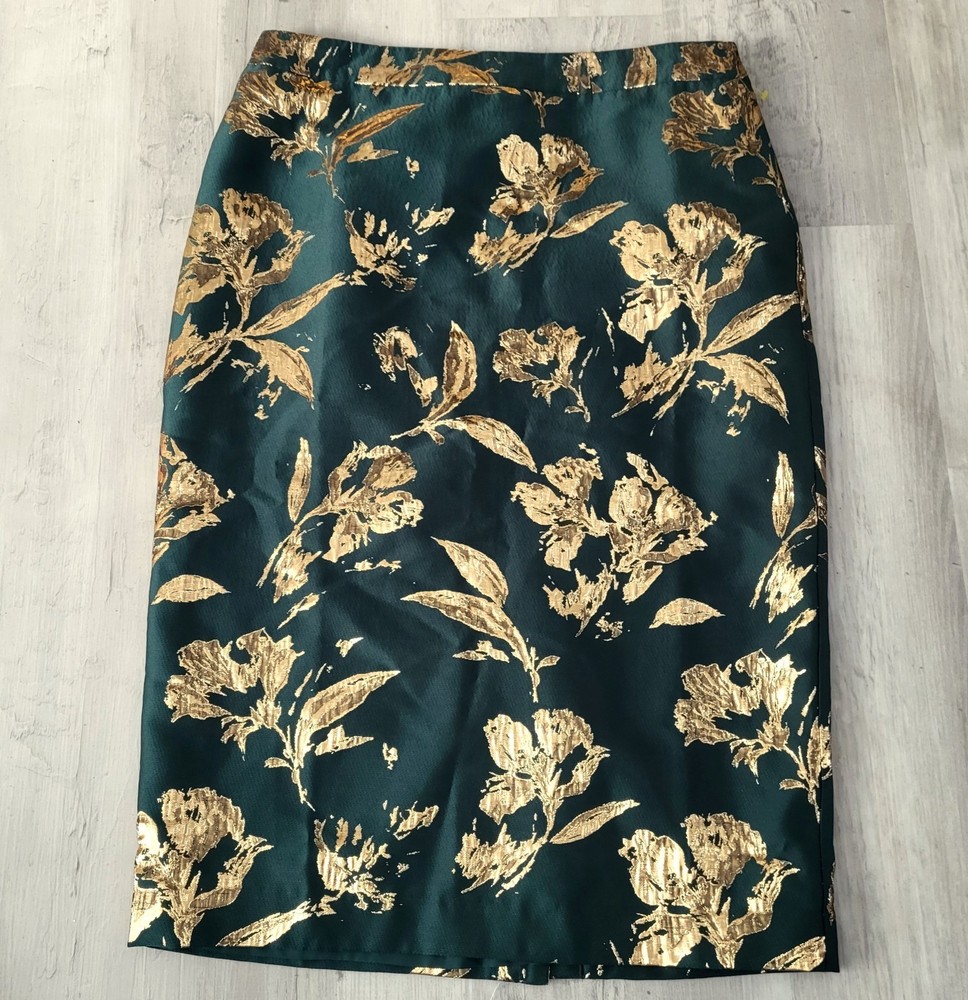 NWT TALBOTS Metallic Floral Jacquard Pencil Skirt Size 8 Green Gold Midi Length