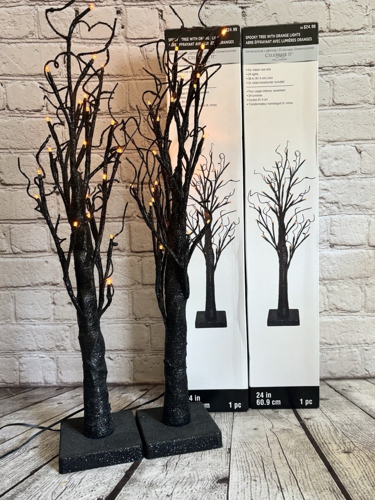 Halloween Black Spooky Trees Set of 2 Light Up 24” Celebrate It Orange Lights