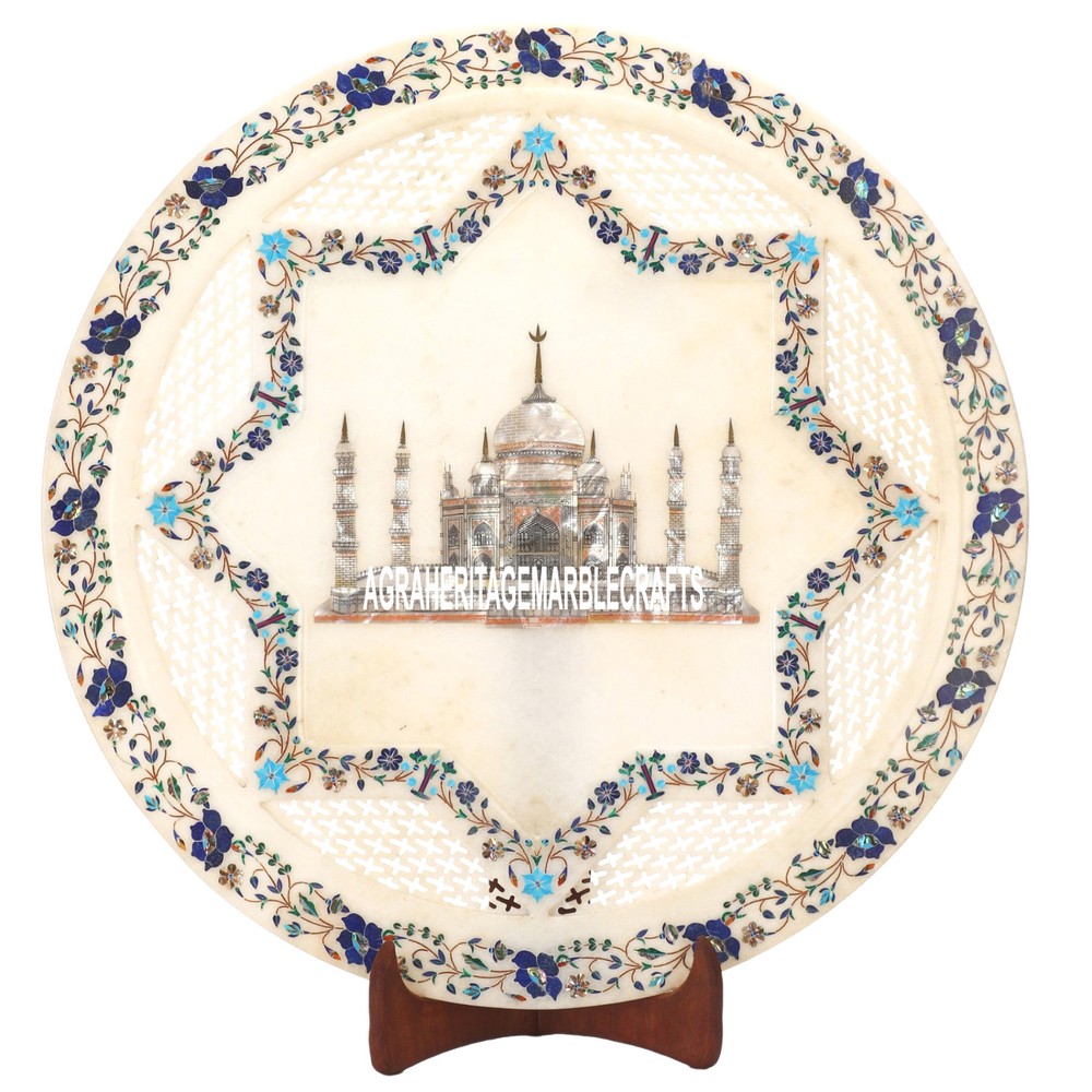 20'' Marble Marquetry Dish Plate Taj Mahal Floral Inlay Cyber Monday Gifts H3589-image