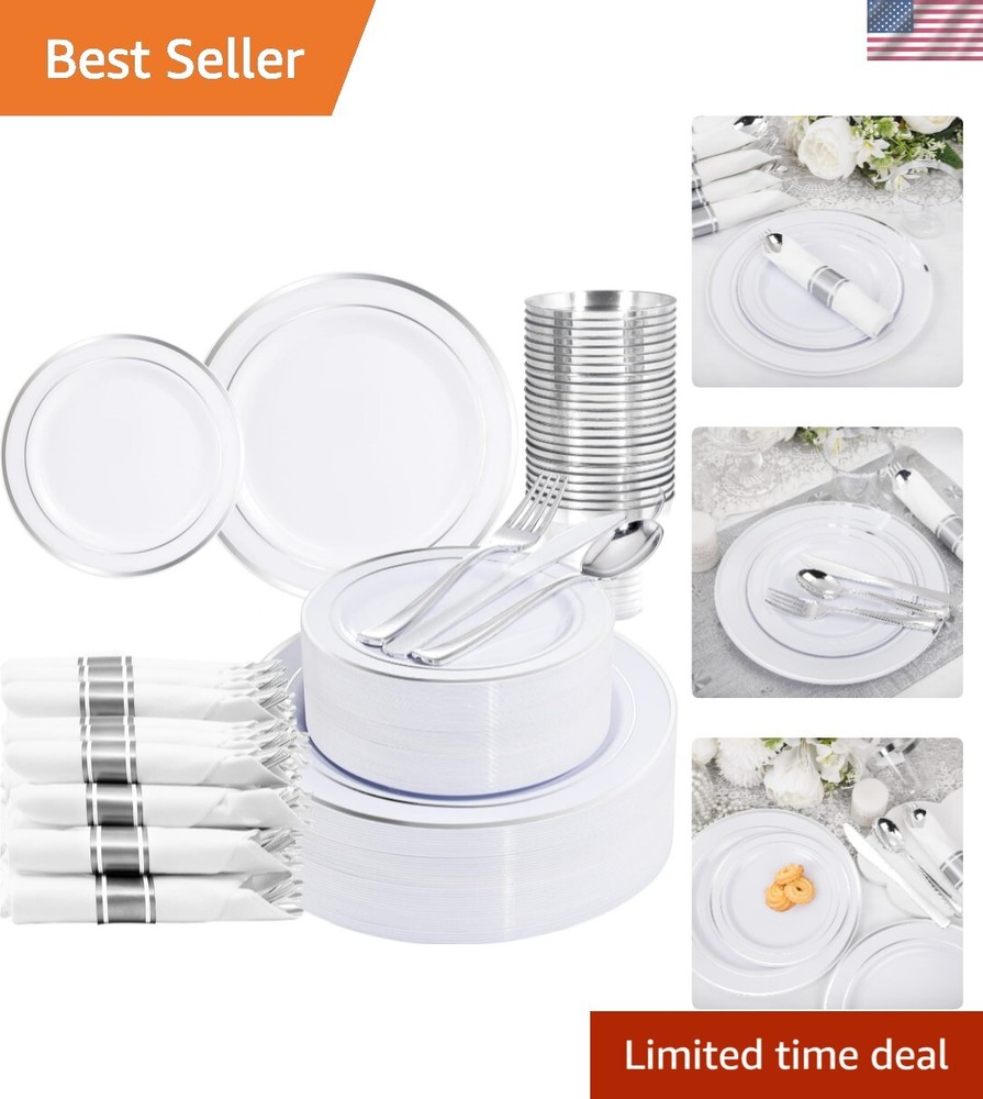 210 Piece Silver Plastic Dinnerware Set for 30 Guests, Plastic Plates for Par...