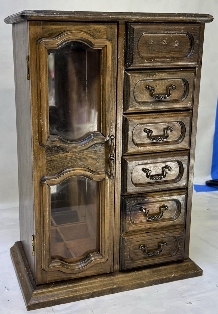 Vintage 1981 Team Leader Wooden Musical Jewelry Box with Mirror and Drawers