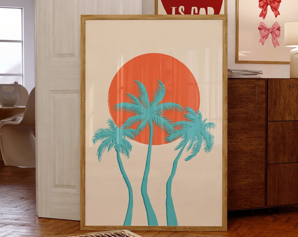 Vintage Blue Tropical Prints Coastal Wall Decor Palm Wall Art Retro Beach Wall
