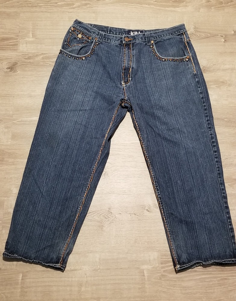 Knockout Deluxe Jeans Mens 46x32 Blue Baggy Y2K Streetwear Embroidered Hip Hop