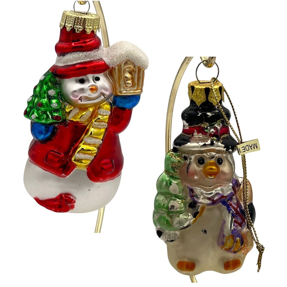 Lot of 2 Blown Glass Snowman Ornaments Hand Painted Christmas Tree Holiday Decor