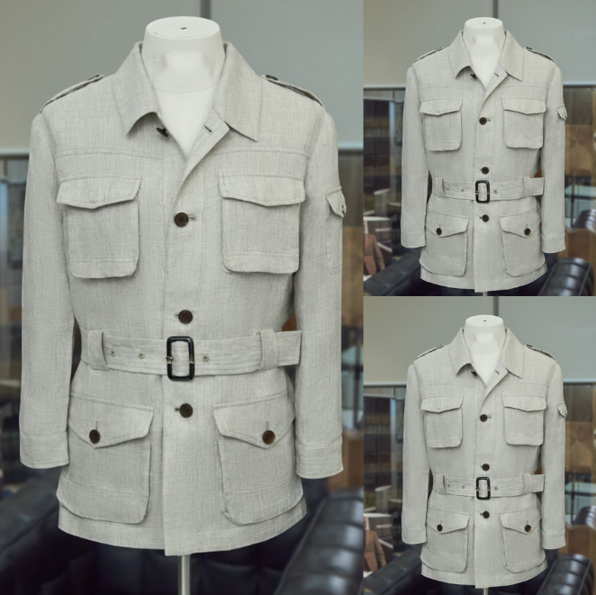 Beige Linen Men Safari Jackets With Belt Outdoor Hunting Coat Pant Wedding Groom