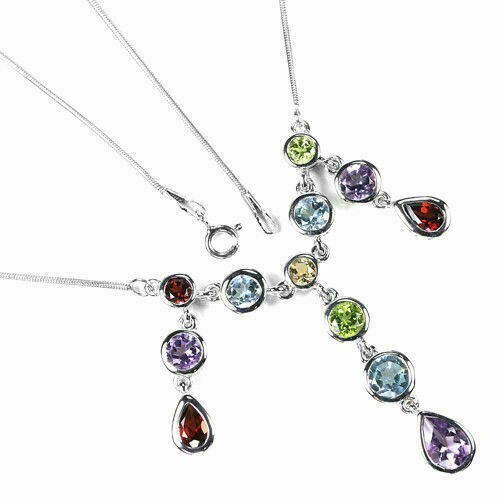 Sterling Silver Necklace with Topaz Garnet Citrine Amethyst Mined Gems 18 1/4 Inch