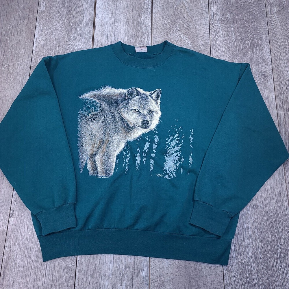 90s Vintage Harlequin Wolf Graphic Crewneck Sweatshirt Mens XL Green Teal Cotton Pullover