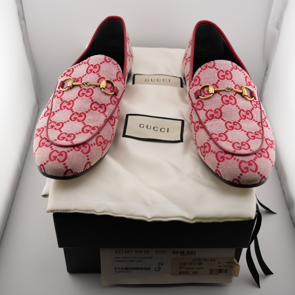 Gucci Red/Pink GG Monogram Canvas Horsebit New Jordaan Loafers US 9 Women