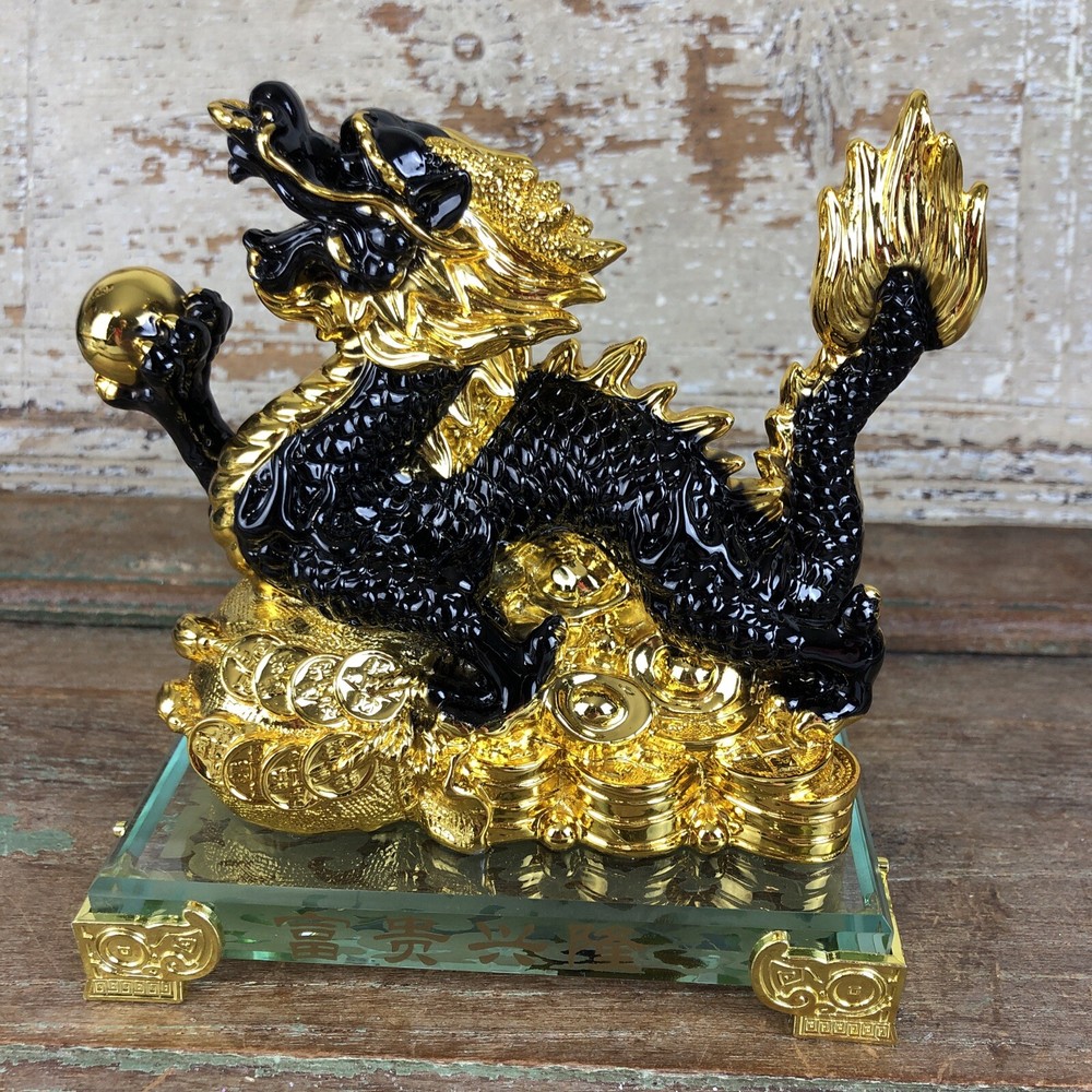 Lucky Golden Year Dragon Chinese New Year Zodiac Figurine in Black & Gold