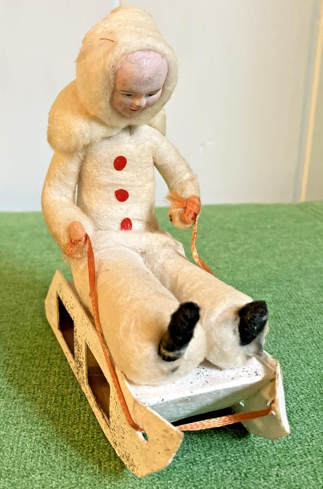 Antique? VTG? Spun Cotton & Cardboard Child Sledding Made in Japan 5.5