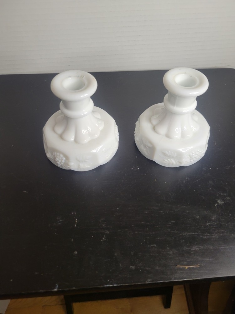 Vintage Westmoreland Milk Glass Grape Candle Holders 4 Inch Pair  