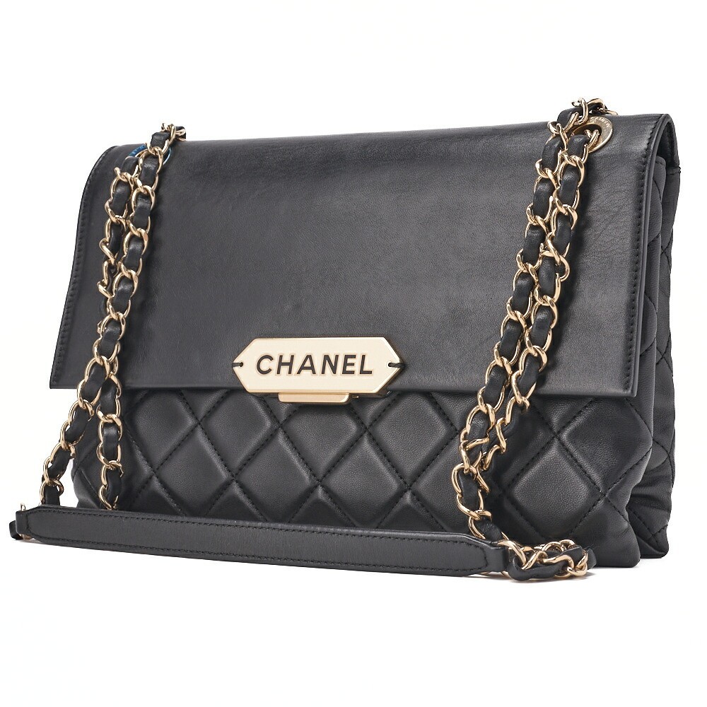 CHANEL Matelasse Lambskin Chain Shoulder Bag Push Lock Logo Gold Hardware