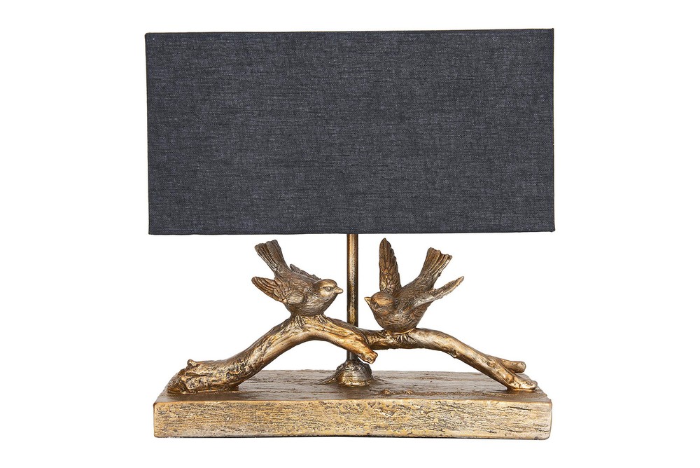 Rustic Resin Bird Table Lamp with Black Rectangular Shade and Gold Accents