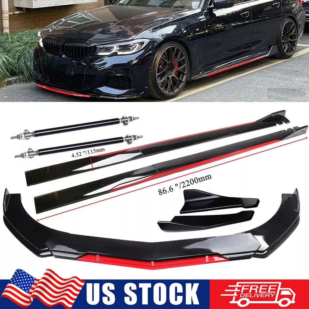 Set For BMW Front Rear Bumper Lip Spoiler + Splitter Body Kit + Side Skirt Black