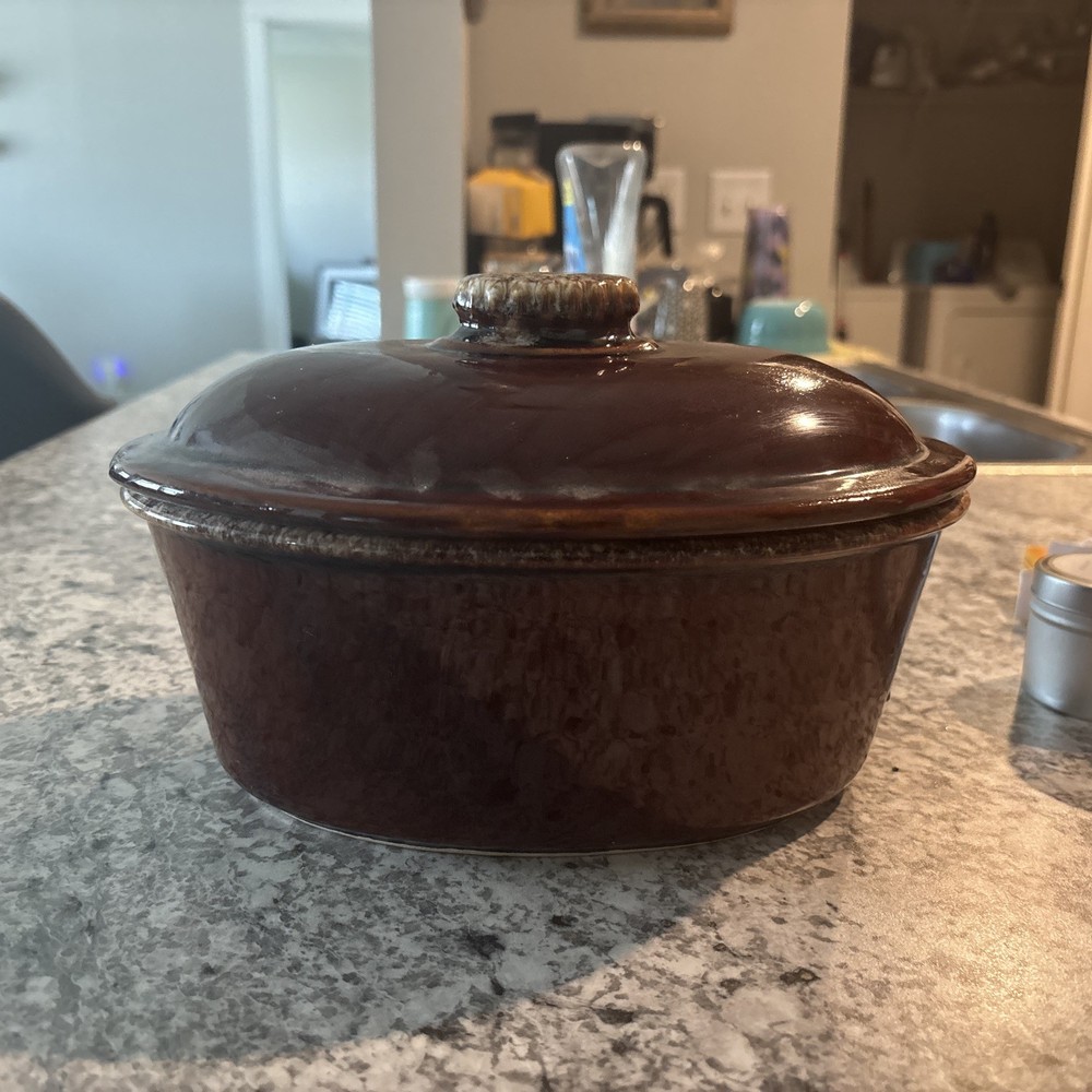 Hull Pottery Vintage Casserole Dish Lid Oven Proof Brown Oval Drip Glaze
