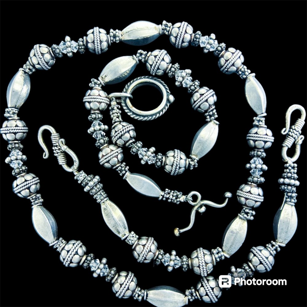 Sterling Silver Bali Style Set Necklace 17' Bracelet 8' Crystal Beads 70 Grams