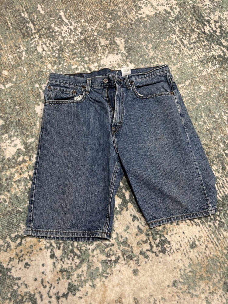 Levis 505 Regular Fit Red Tab Blue Denim Shorts Mens Size 32 (DISTRESSED