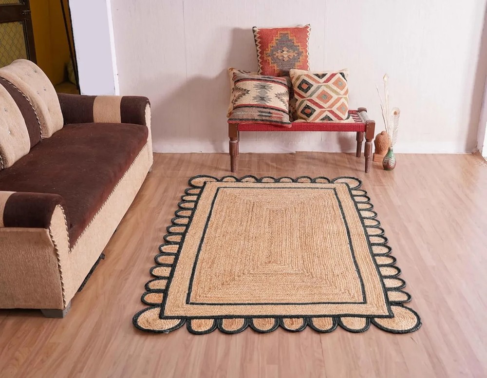 Black Jute Rug with Scalloped Edge | Handwoven Boho Area Rug | Living Room