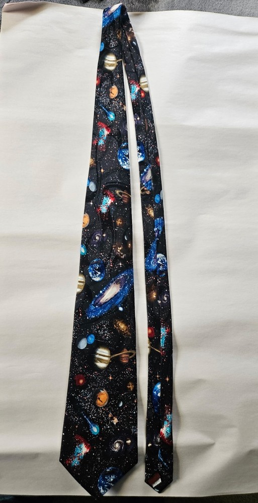 Museum Artifacts Silk Space Planets Tie Black Multicolor Men's Novelty Necktie
