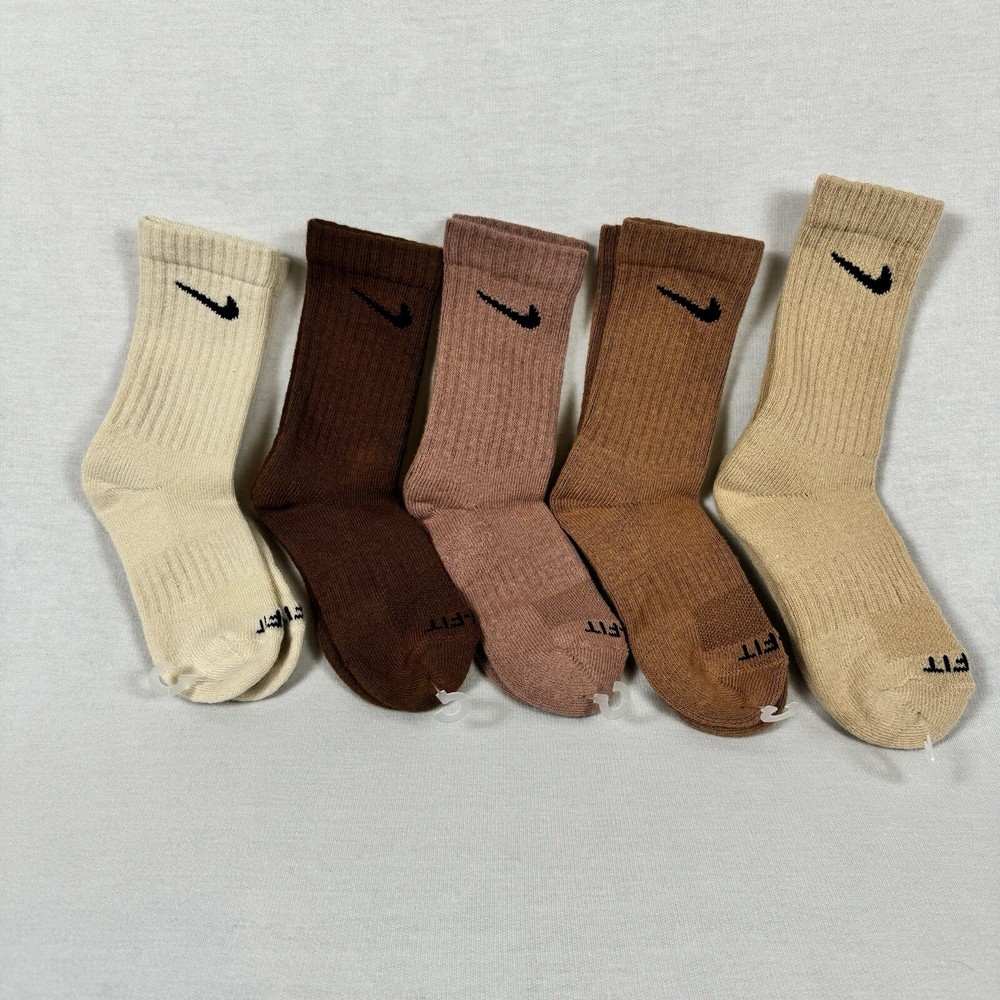 Nike Dri Fit Everyday Crew 5 Pack Socks Multi Browns Creams Size Small 7-9