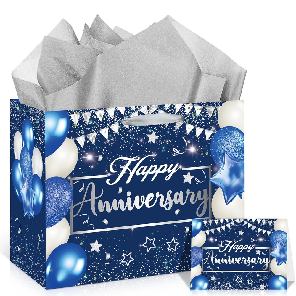 Blue Silver Anniversary Gift Bag with Tissue & Card 11.8 Inches