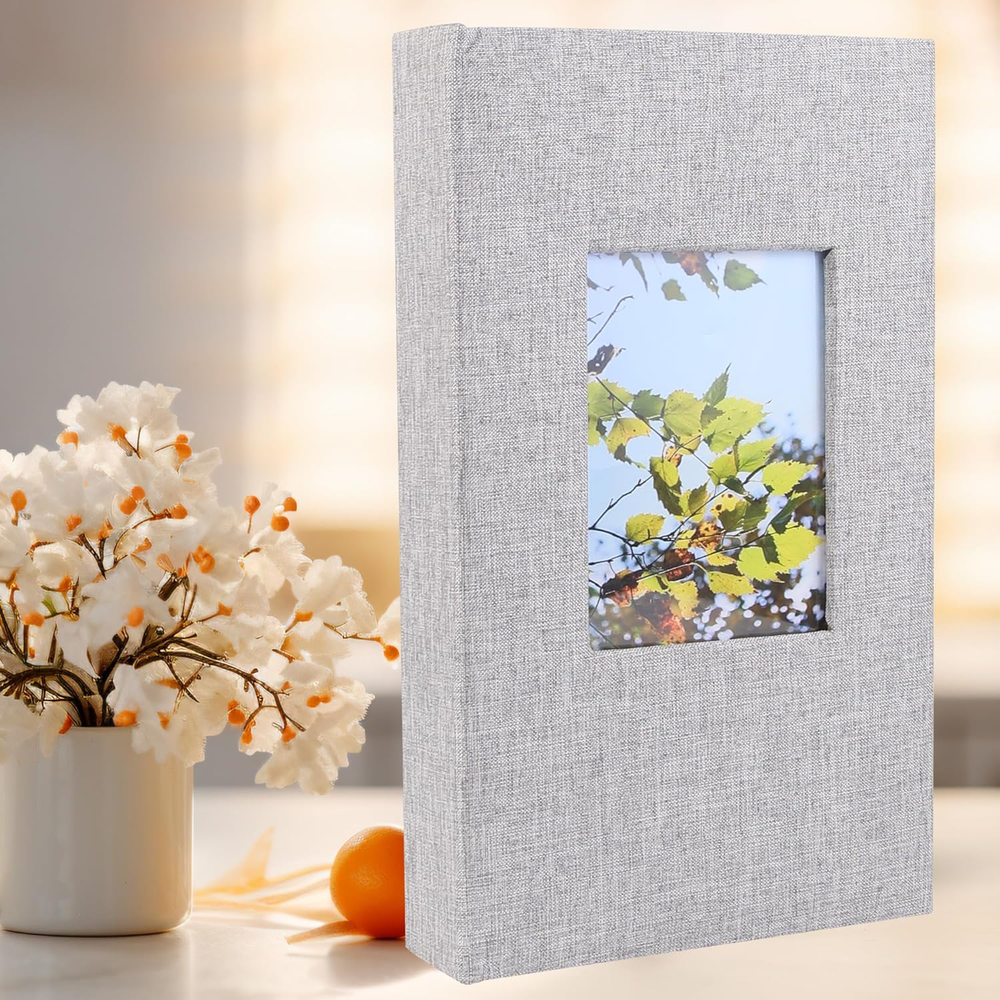 Large Capacity 4x6 Fabric Photo Album with Leather Cover, 300 Pockets, Grey