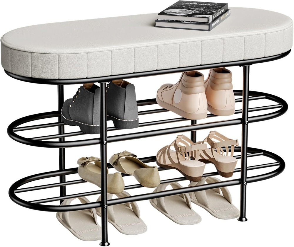 Shoe Bench, Storage Bench with Synthetic Leather Cushion
