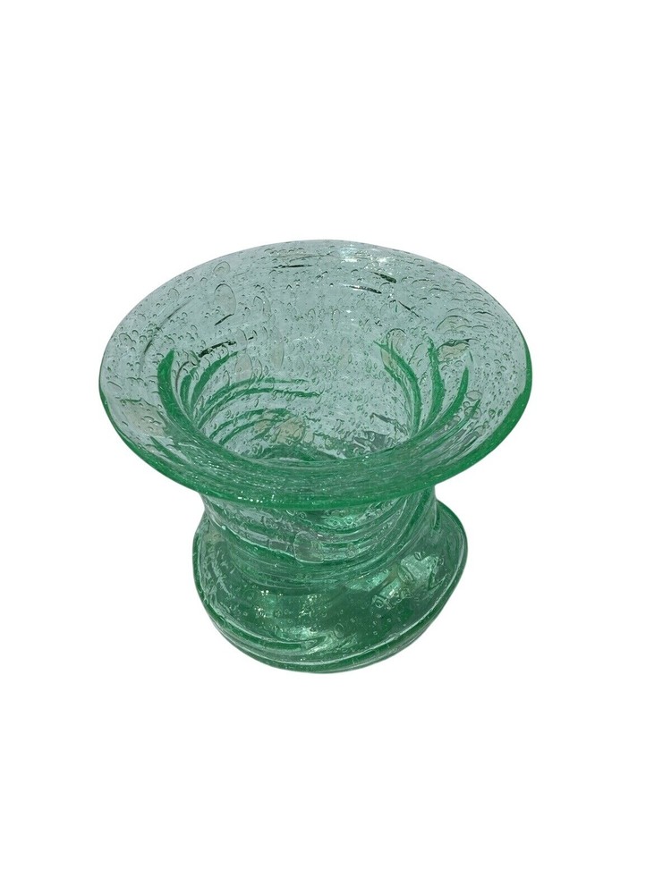 Vintage MCM Sea Green Hand Blown Crackle Glass Vase South Jersey