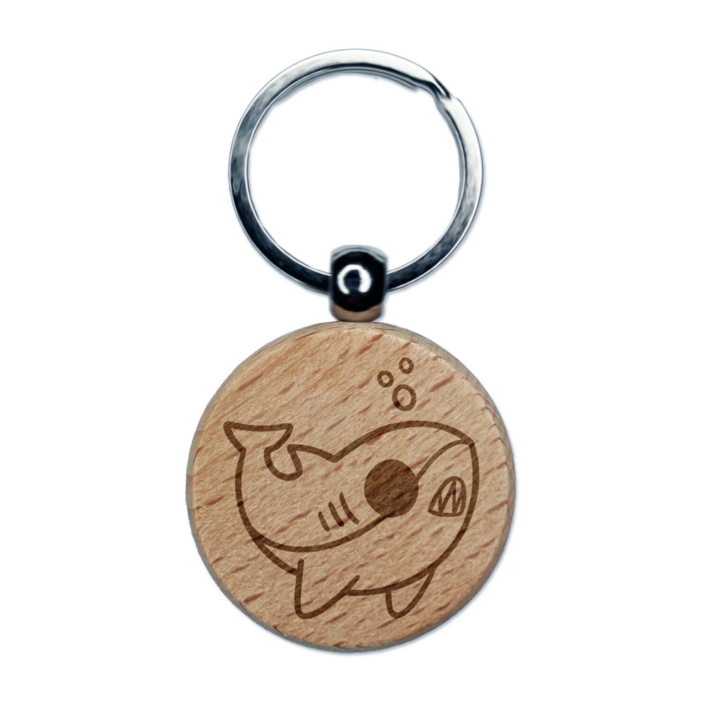 Sweet Kawaii Chibi Shark Engraved Wood Round Keychain Tag Charm