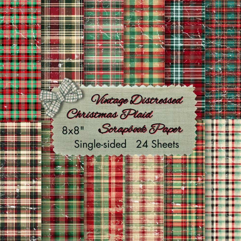 Vintage Distressed 8x8 Inch Christmas Plaid Scrapbook Paper Single-Sided Colorful