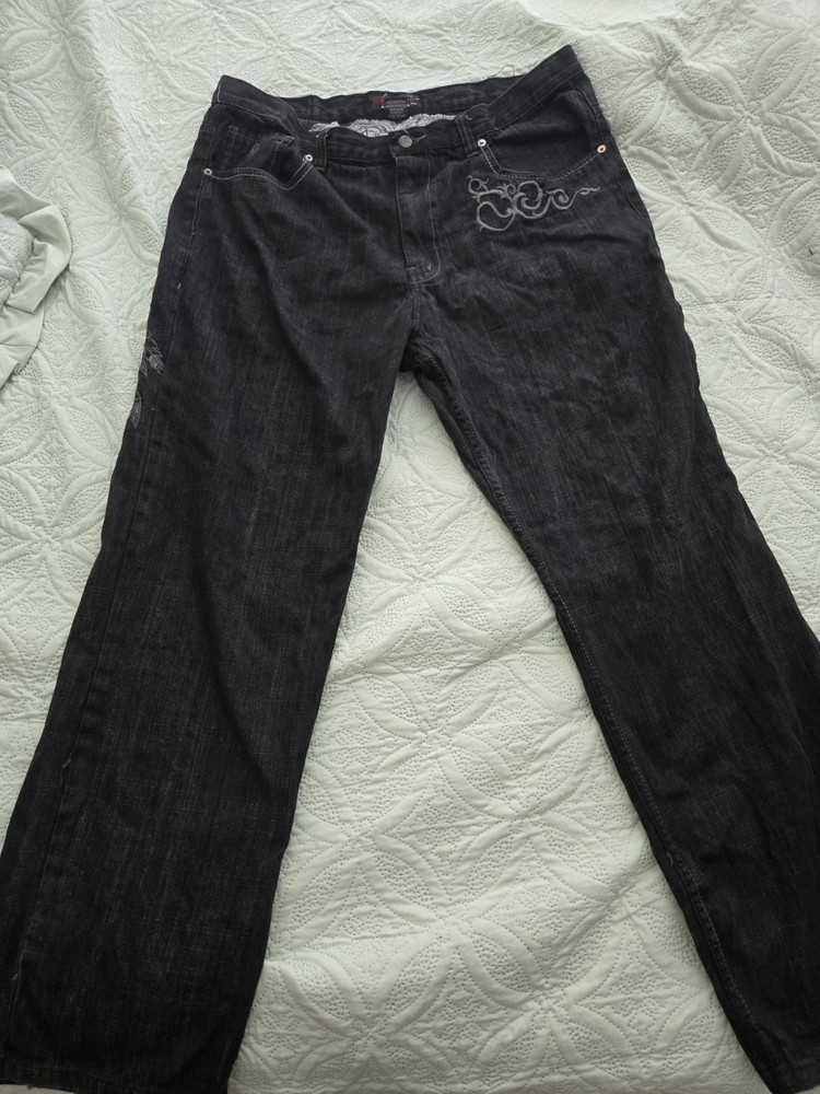 Vintage RED APE Men's Jeans Size 38×32 Black Denim Embroidered Crosses